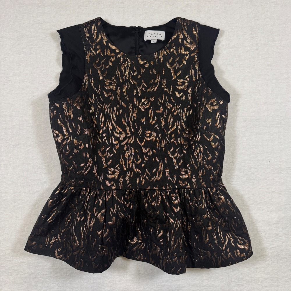 Tanya Taylor‎ Womens Size 0 Black Bronze Metallic Jacquard Peplum Blouse Top